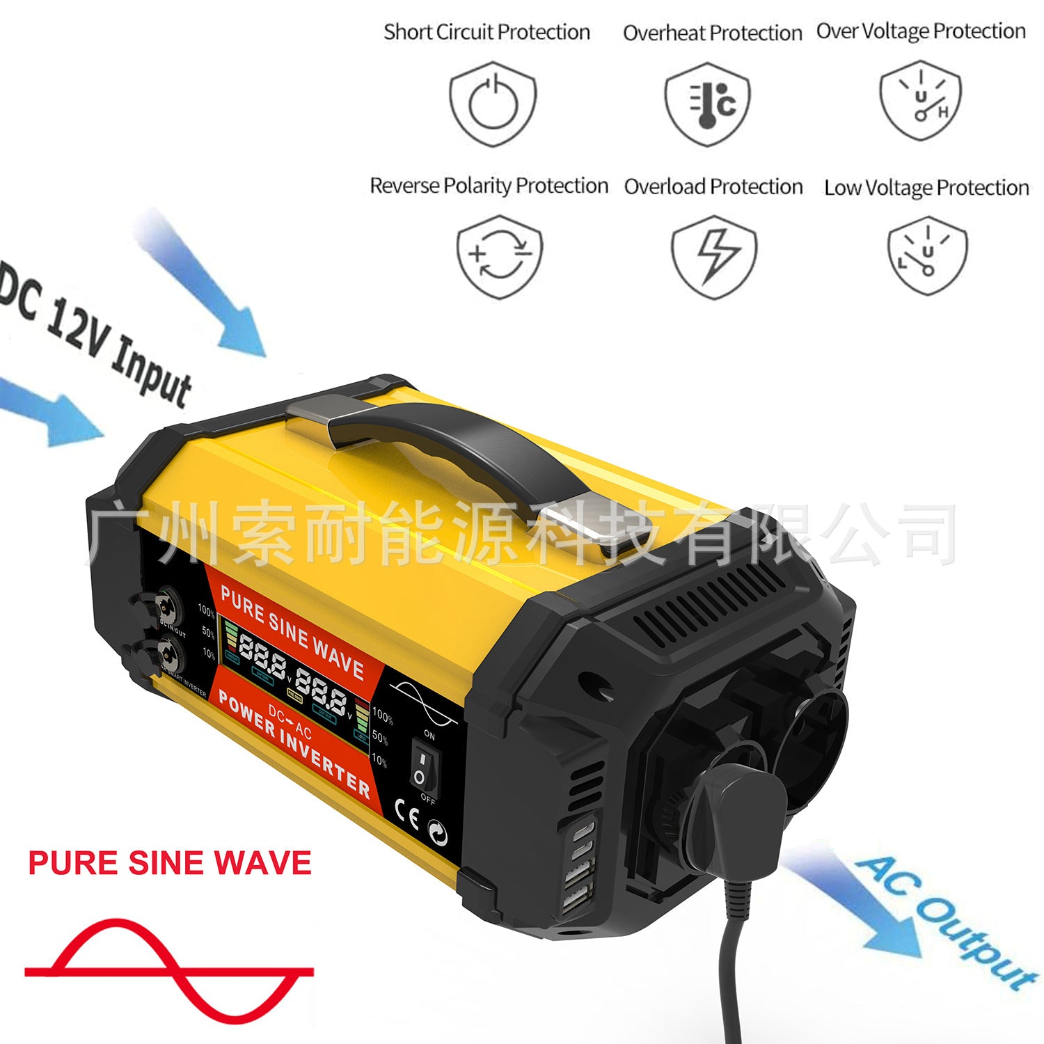 European standard socket pure sine wave inverter500W/800W/1000W 12V Turn230V Double USB Double Type-C
