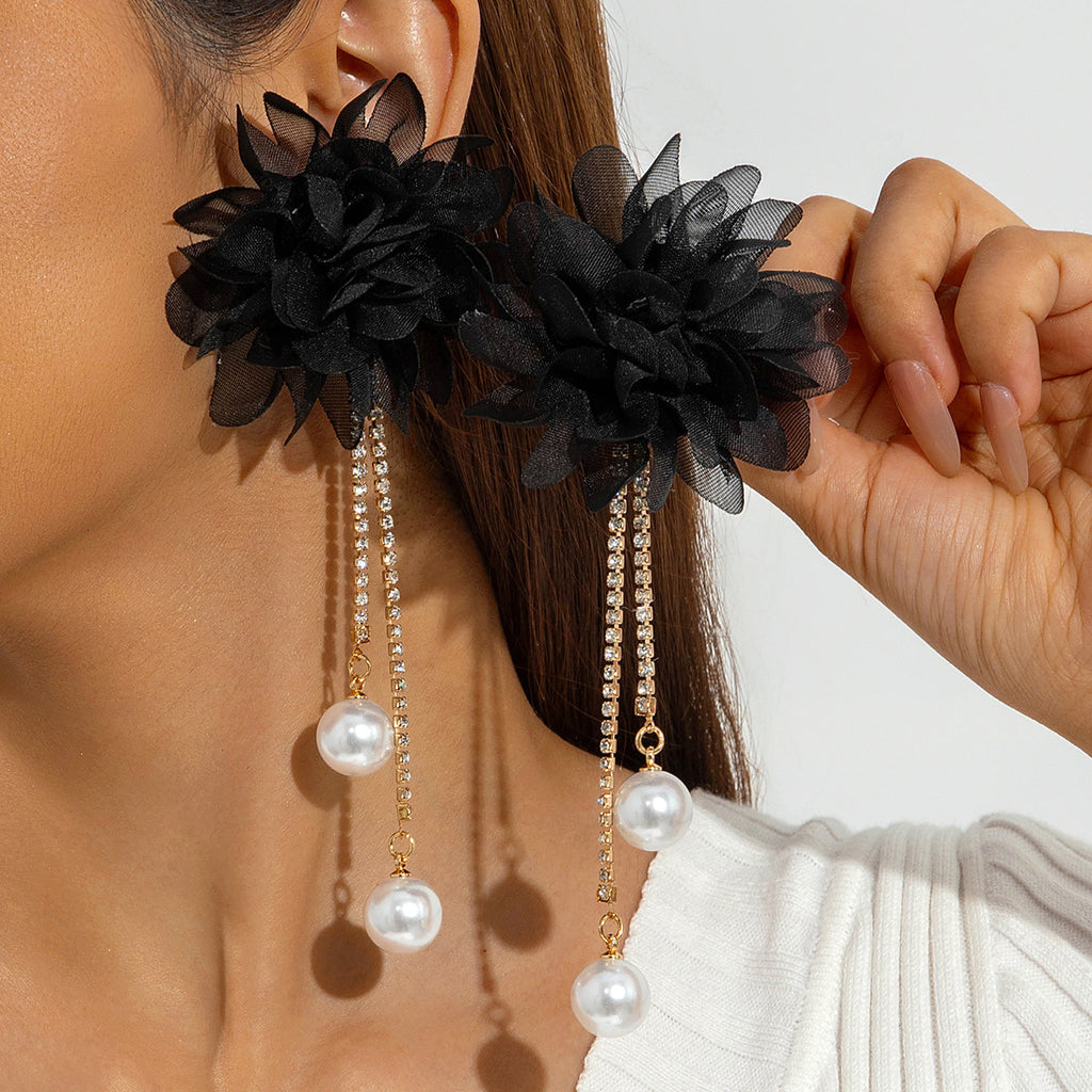 European and American Style Exaggerated Imitation Pearl Tassel Flower Earrings Fresh and Elegant Temperament Earrings for Women