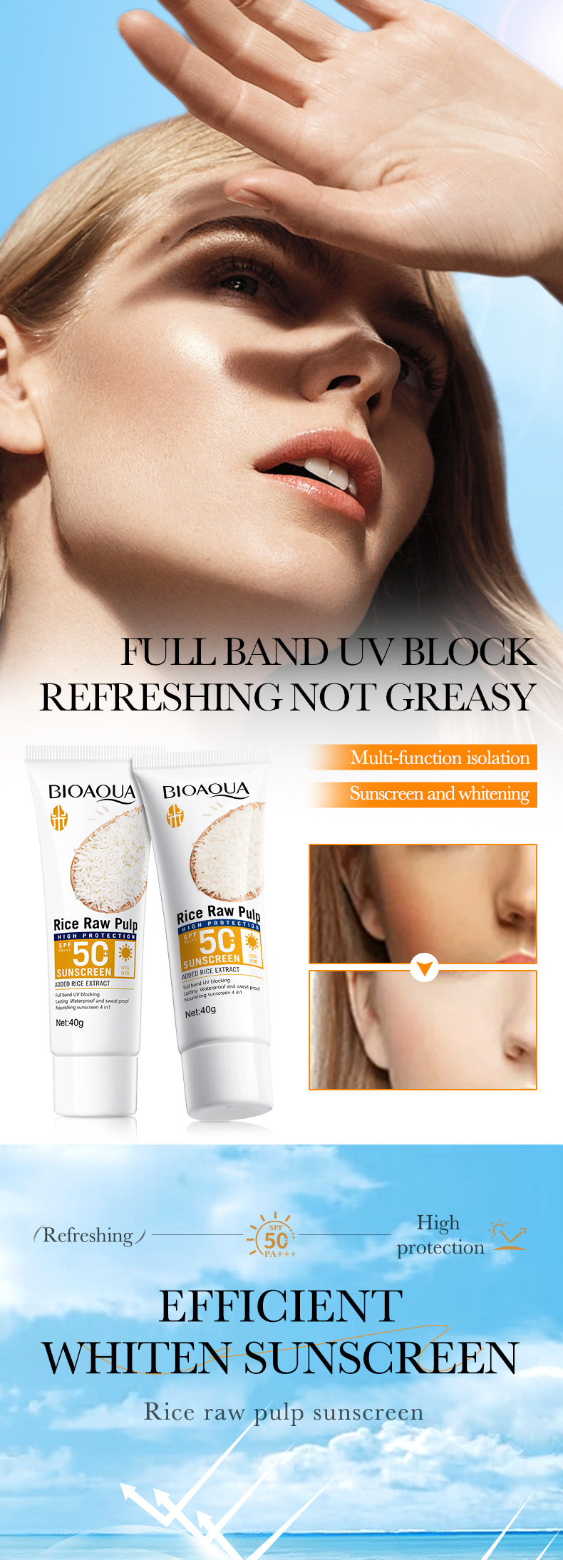 Full English Rice Puree Sunscreen40g BIOAOUA Sunscreen Isolation Cream Sunscreen  Foreign Trade Wholesale