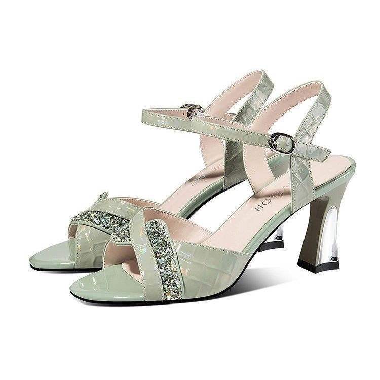 Soft Leather Peep Toe Waterproof Platform High Heel Sandals for Women Summer Chunky Heel2025New Fashion Sequin Strap Fashion Women's Shoes