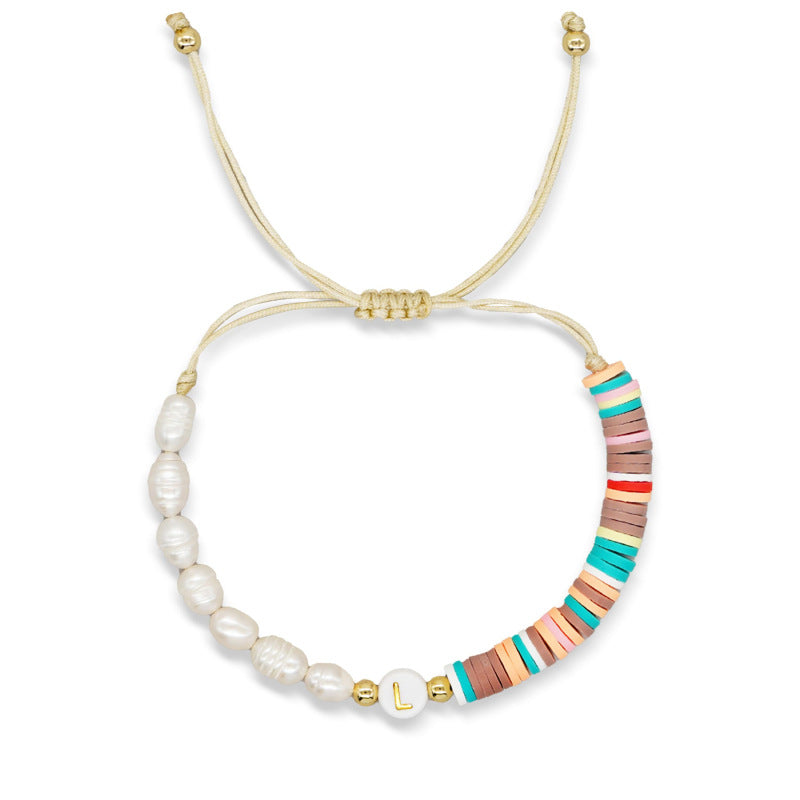 Imitation pearl26Letter Bracelet Bohemian Casual Vacation Bracelet Gold Beads Stretchable Soft Clay Woven Bracelet