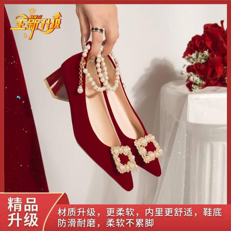 Pointed Elegant Burgundy High Heels2025New Year's New Socialite Bowknot Comfortable Bride Shoes Two-Way Wedding Shoes