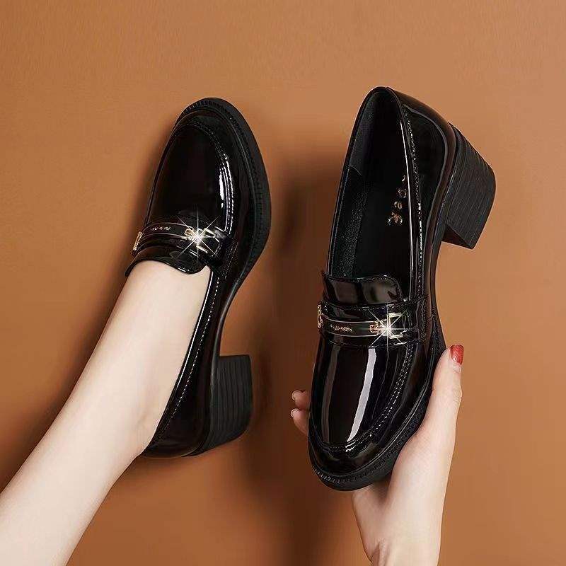 Soft Sole Women's Single Shoes Retro Spring and Autumn New Thick Heel Loafers Mid Heel Round Toe Chanel Style Slip-On