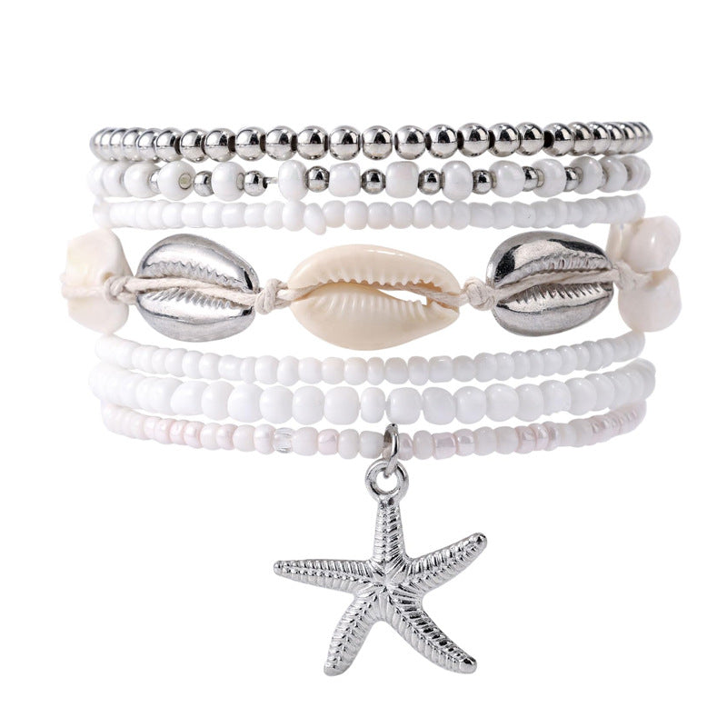 Bohemian Style Rice Bead Anklet Set Casual Vacation Layered Foot Jewelry for Women Beach Starfish Shell Foot Jewelry
