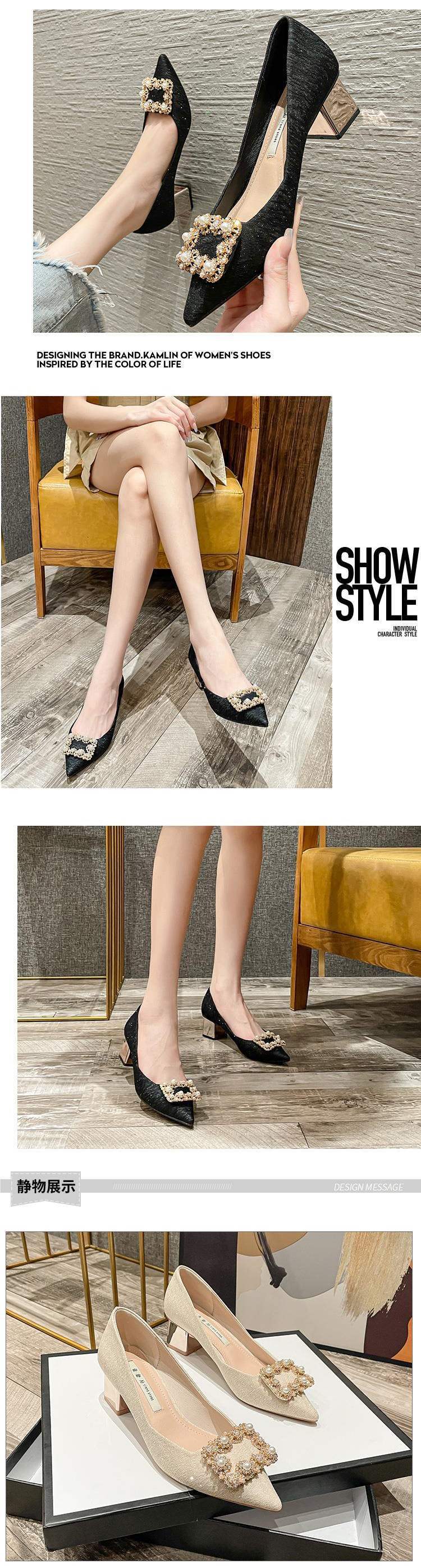 Pumps Women2025New Spring and Autumn Pointed Champagne Color Wedding Shoes Bride Shoes Autumn Bridal Thick Heel High Heels for Women