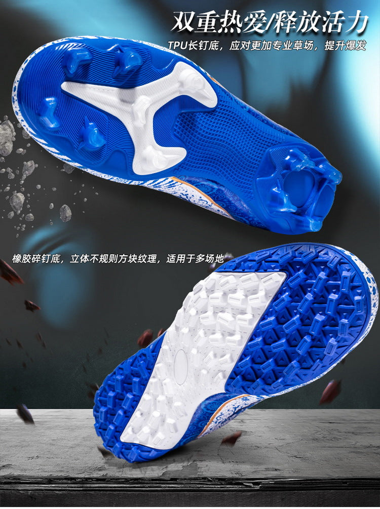 World Cup Same Style Blue and White Porcelain High-top Soccer Shoes for Men and Women, Children and Youth Competition Training Shoes