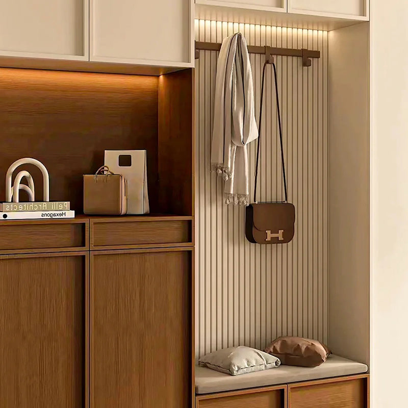 Meikexin French Style Solid Wood Entryway Shoe Rack and Coat Rack with Shoe Changing Stool, Multi-Functional Integrated Wall-Mounted Whole House Customization System