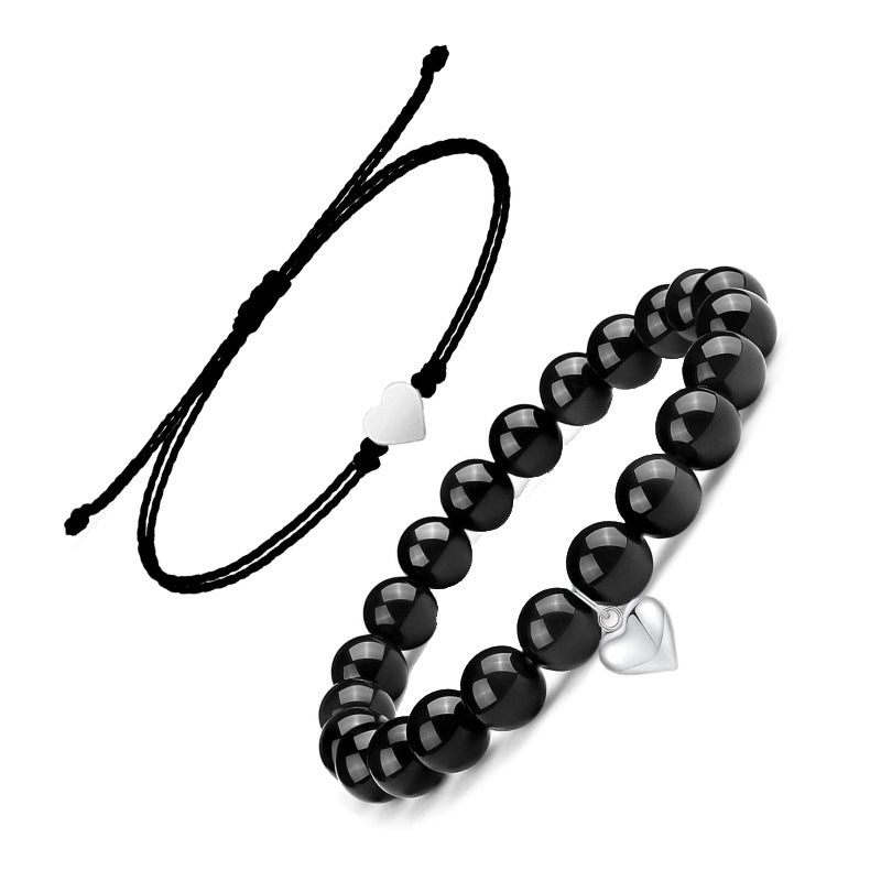 Black Onyx Heart Pendant Bracelet Set Natural Stone8mm Beaded Crystal Bracelet Women's Love Braided Bracelet