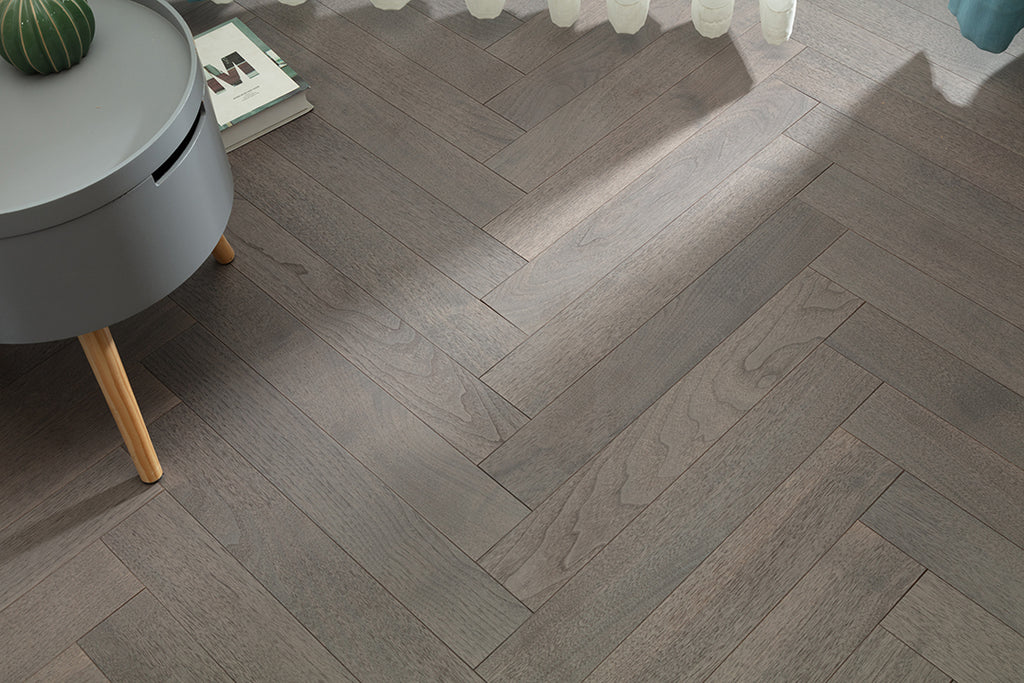9216 Herringbone Art Parquet  Metallic UV Full Birch Multi-layer Core Solid Wood Black Walnut Veneer Brushed Engineered Flooring