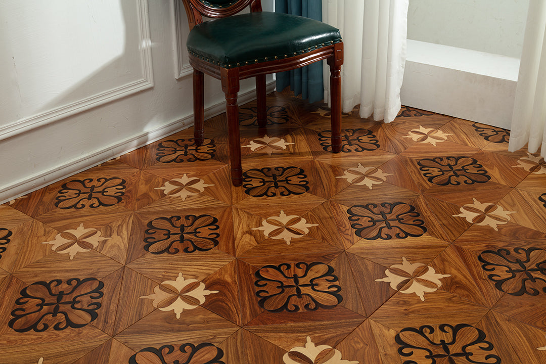 9108  Contrast Oak Scrollwork Inlay Classic Palace-Style Luxury Art Wood Flooring | Marquetry Art Parquet Series
