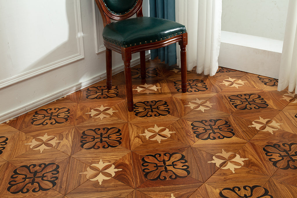9108  Contrast Oak Scrollwork Inlay Classic Palace-Style Luxury Art Wood Flooring | Marquetry Art Parquet Series