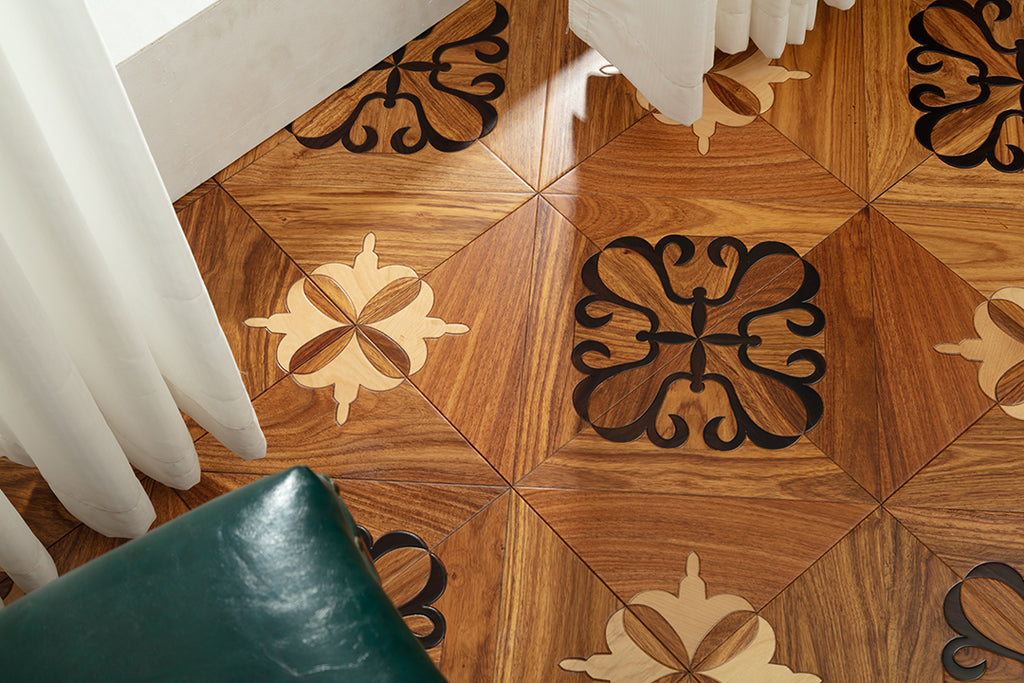 9108  Contrast Oak Scrollwork Inlay Classic Palace-Style Luxury Art Wood Flooring | Marquetry Art Parquet Series