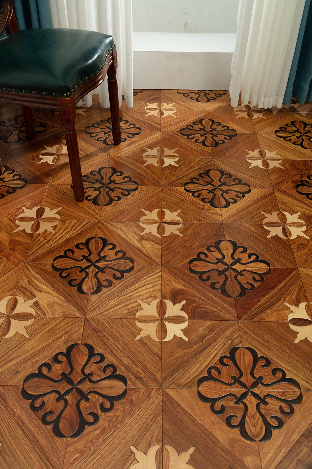 9108  Contrast Oak Scrollwork Inlay Classic Palace-Style Luxury Art Wood Flooring | Marquetry Art Parquet Series