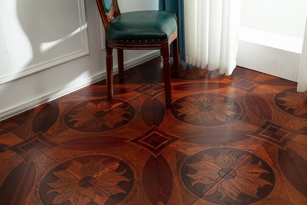 9109 Rich Mahogany Oak Floral Medallion Inlay Opulent Classical Palace-Style Wood Flooring | Marquetry Art Parquet Series