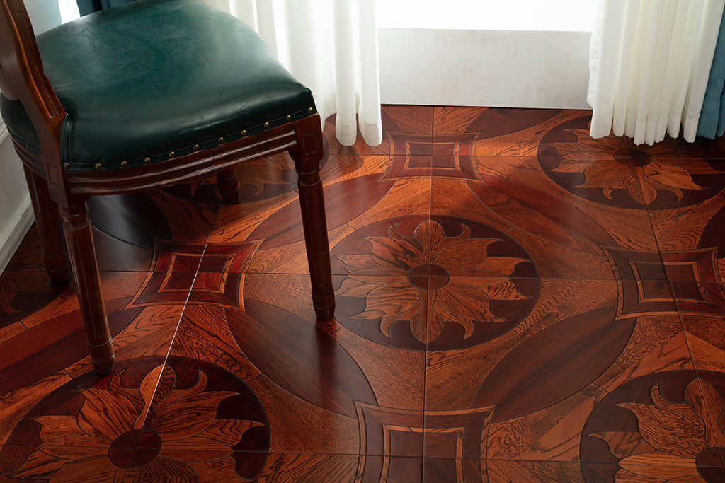 9109 Rich Mahogany Oak Floral Medallion Inlay Opulent Classical Palace-Style Wood Flooring | Marquetry Art Parquet Series