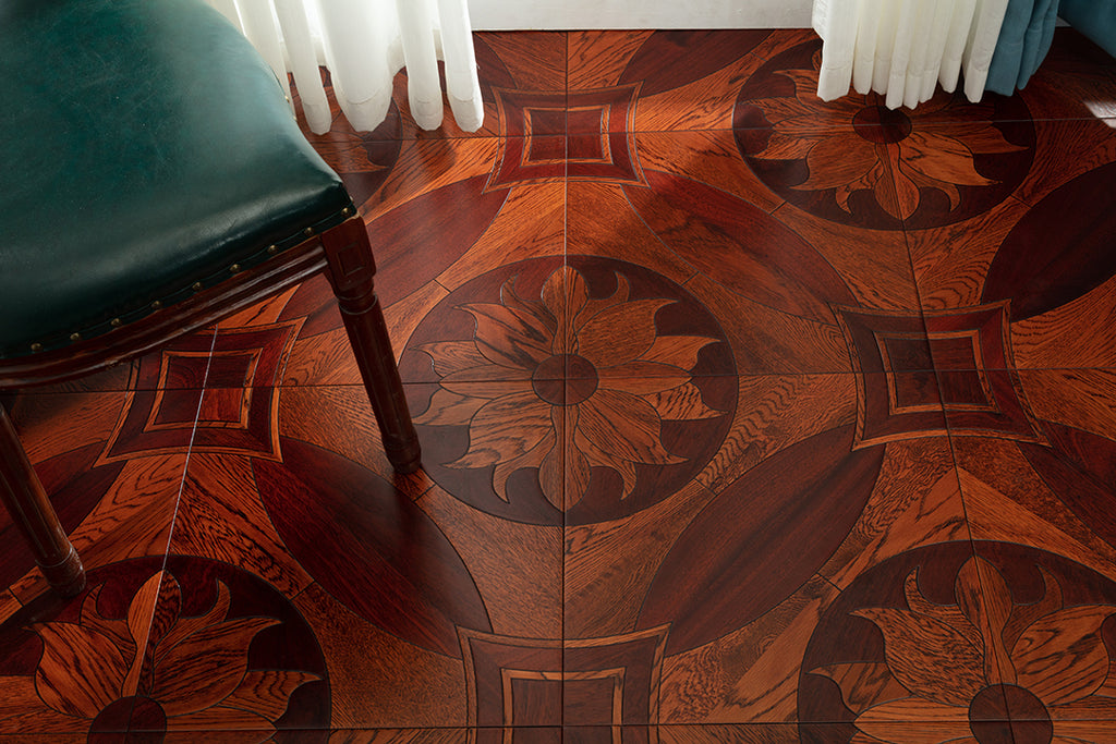 9109 Rich Mahogany Oak Floral Medallion Inlay Opulent Classical Palace-Style Wood Flooring | Marquetry Art Parquet Series