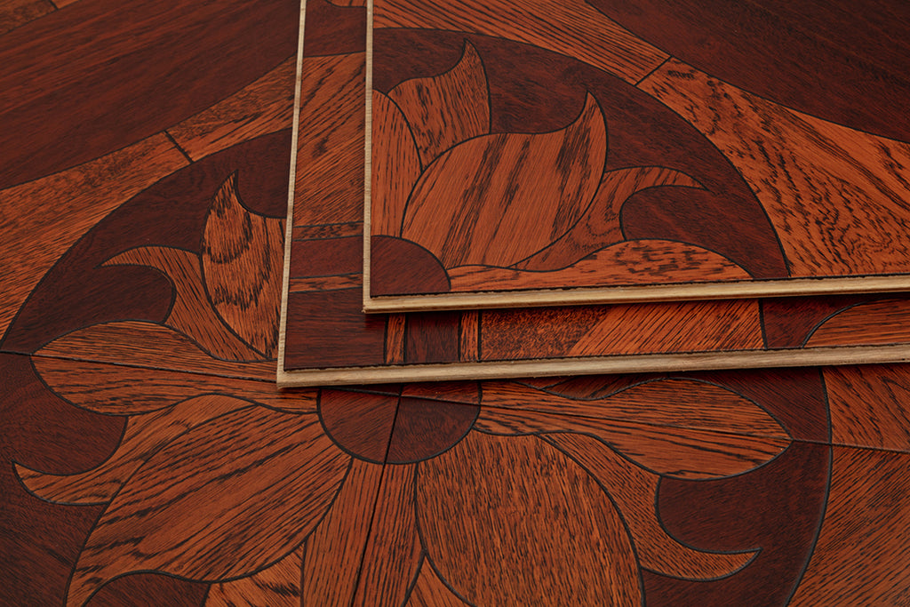 9109 Rich Mahogany Oak Floral Medallion Inlay Opulent Classical Palace-Style Wood Flooring | Marquetry Art Parquet Series