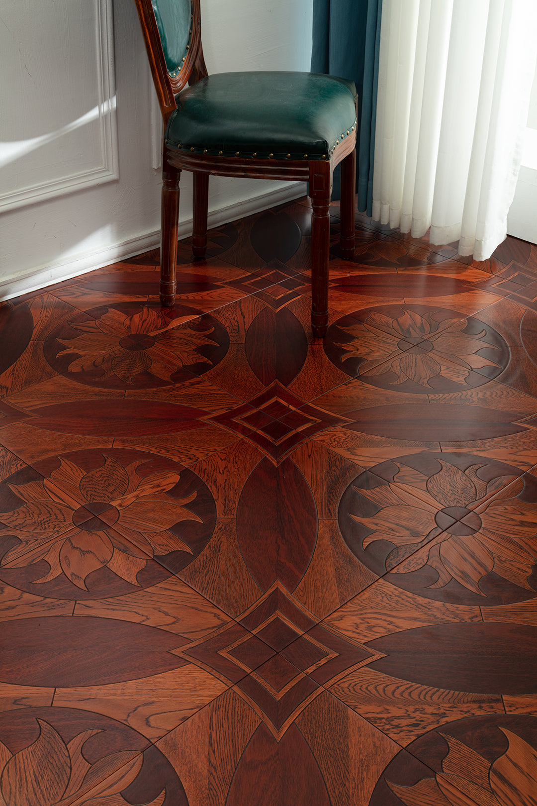 9109 Rich Mahogany Oak Floral Medallion Inlay Opulent Classical Palace-Style Wood Flooring | Marquetry Art Parquet Series