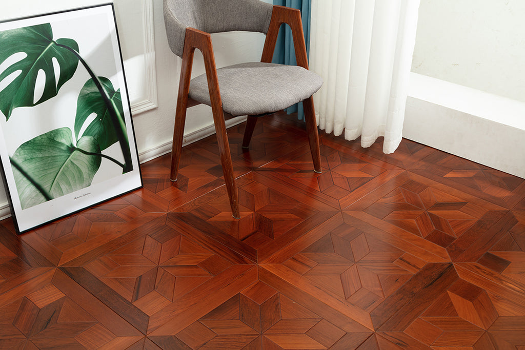 9110  Premium Teak Three-Dimensional Geometric Parquet Timeless Retro Luxury Art Wood Flooring |  Marquetry Art Parquet Series