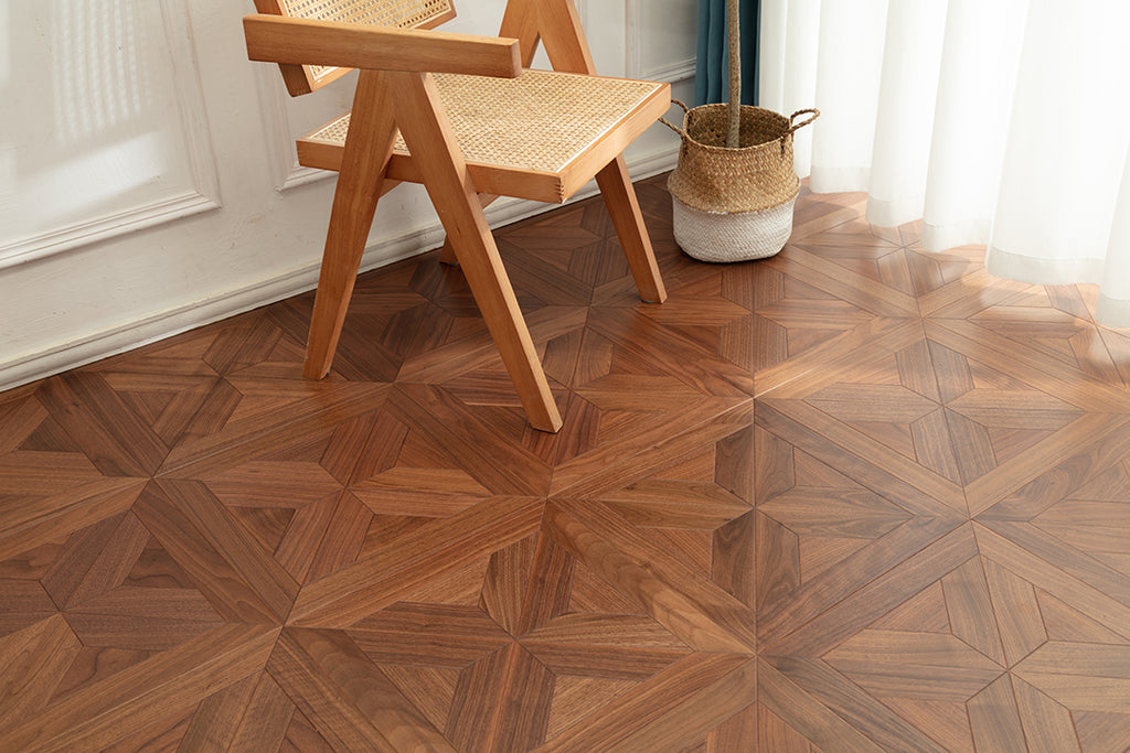 9150 Premium Black Walnut Starburst Geometric Parquet Timeless Mid-Century Luxury Art Wood Flooring |  Marquetry Art Parquet Series