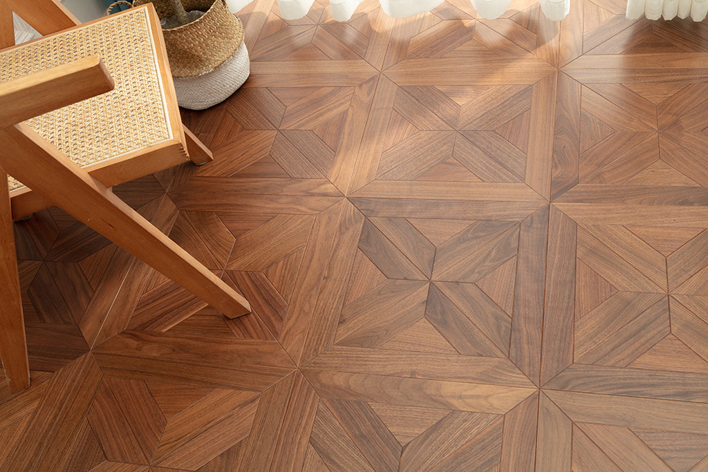 9150 Premium Black Walnut Starburst Geometric Parquet Timeless Mid-Century Luxury Art Wood Flooring |  Marquetry Art Parquet Series