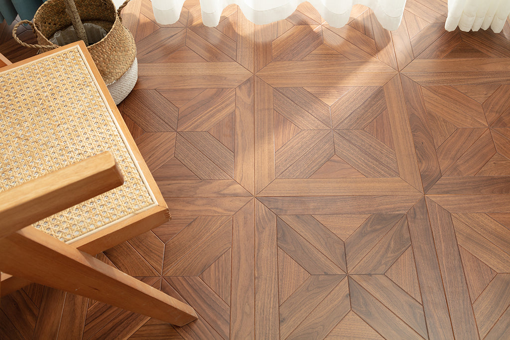 9150 Premium Black Walnut Starburst Geometric Parquet Timeless Mid-Century Luxury Art Wood Flooring |  Marquetry Art Parquet Series