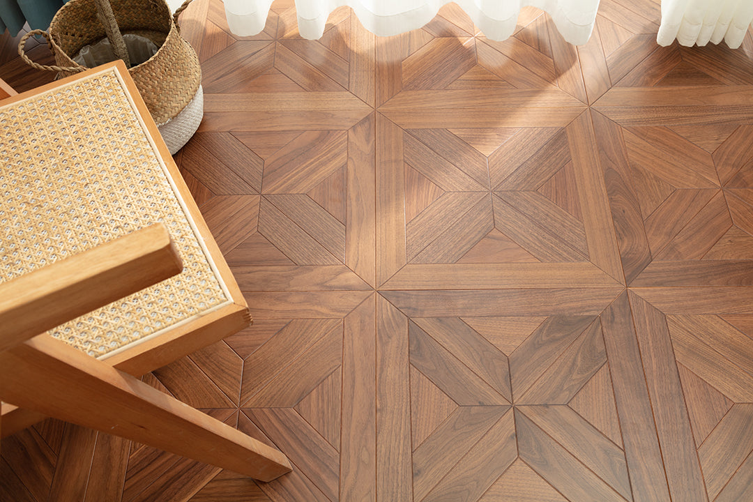 9150 Premium Black Walnut Starburst Geometric Parquet Timeless Mid-Century Luxury Art Wood Flooring |  Marquetry Art Parquet Series