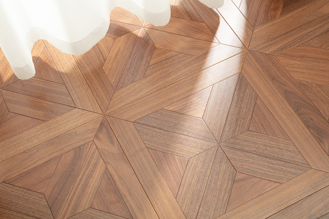 9150 Premium Black Walnut Starburst Geometric Parquet Timeless Mid-Century Luxury Art Wood Flooring |  Marquetry Art Parquet Series