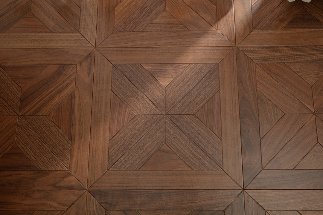 9150 Premium Black Walnut Starburst Geometric Parquet Timeless Mid-Century Luxury Art Wood Flooring |  Marquetry Art Parquet Series