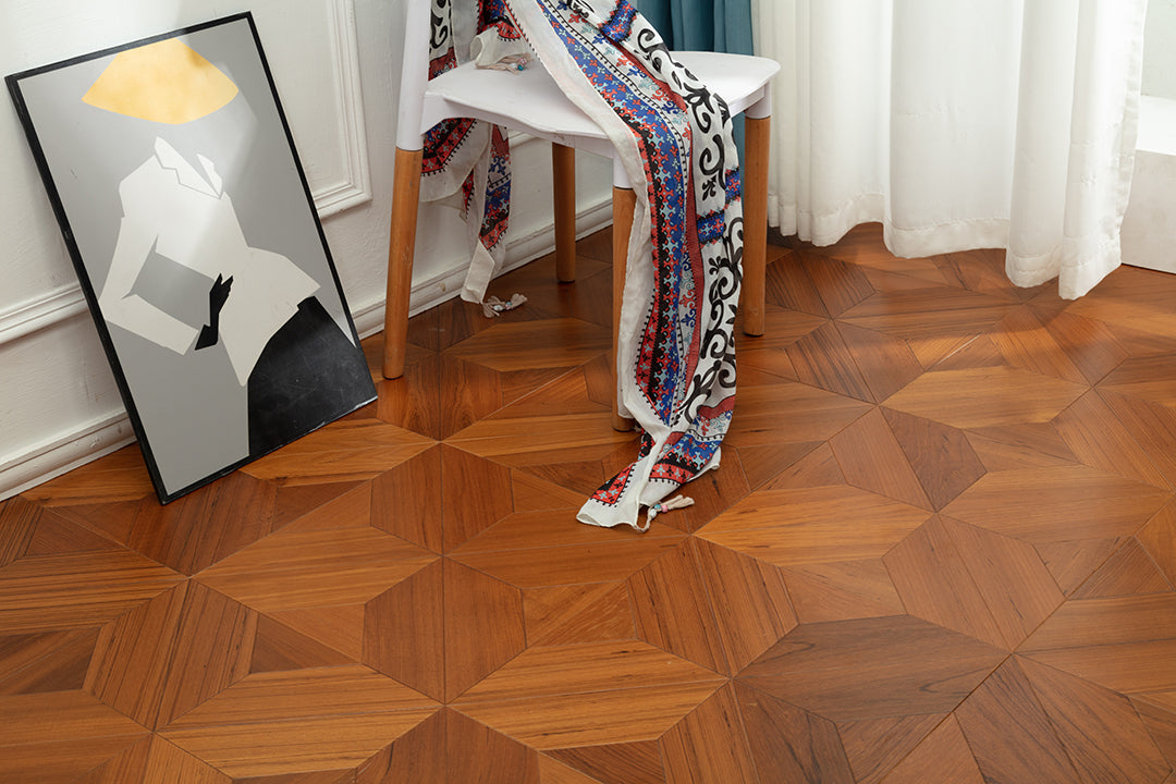 9153 Premium Teak Star‑Burst Radial Geometric Parquet Flooring | Hand‑PU Finish Marquetry Art Parquet Series