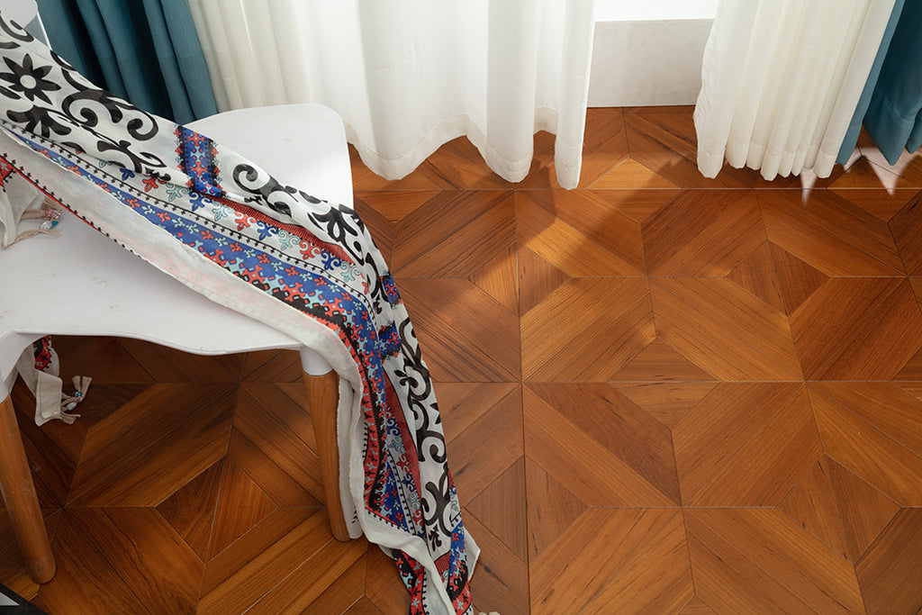 9153 Premium Teak Star‑Burst Radial Geometric Parquet Flooring | Hand‑PU Finish Marquetry Art Parquet Series