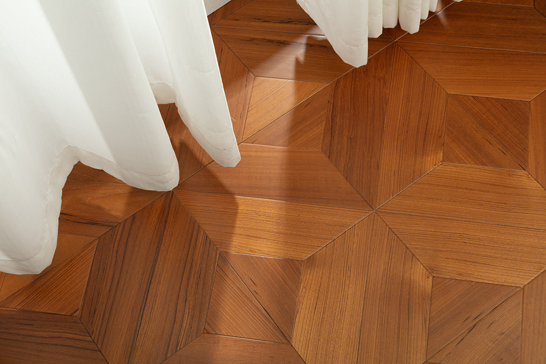 9153 Premium Teak Star‑Burst Radial Geometric Parquet Flooring | Hand‑PU Finish Marquetry Art Parquet Series