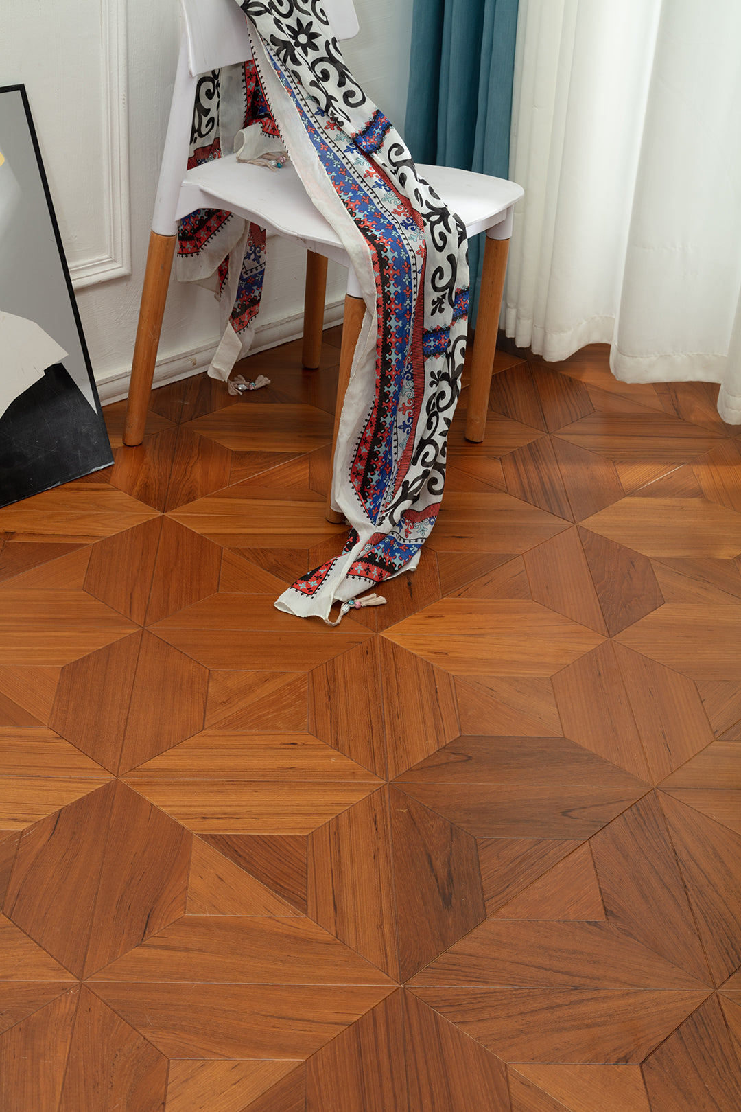9153 Premium Teak Star‑Burst Radial Geometric Parquet Flooring | Hand‑PU Finish Marquetry Art Parquet Series