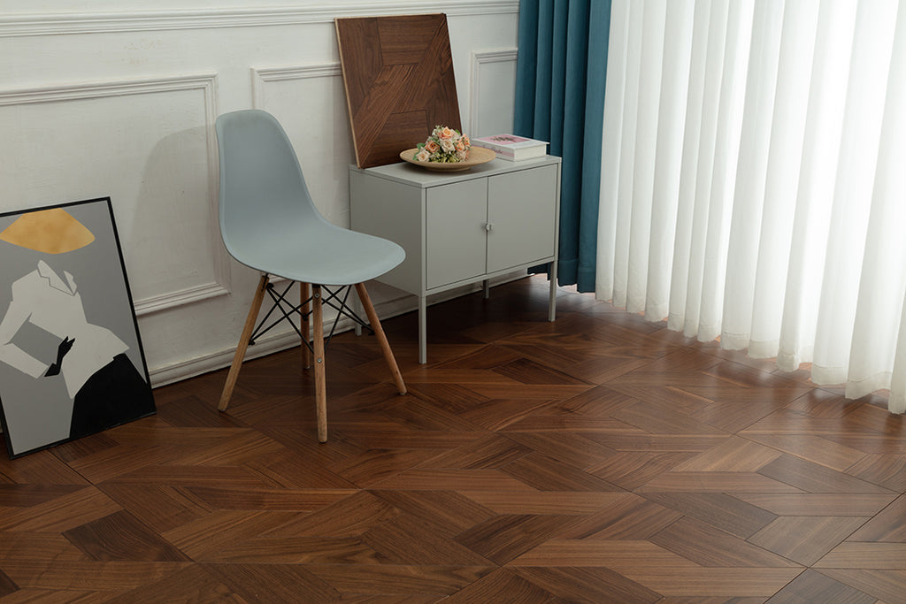 9155 Black Walnut Z‑Offset Geometric Parquet Flooring | Hand‑PU Finish Marquetry Art Parquet Series