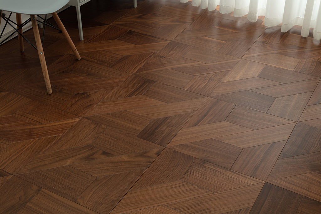 9155 Black Walnut Z‑Offset Geometric Parquet Flooring | Hand‑PU Finish Marquetry Art Parquet Series