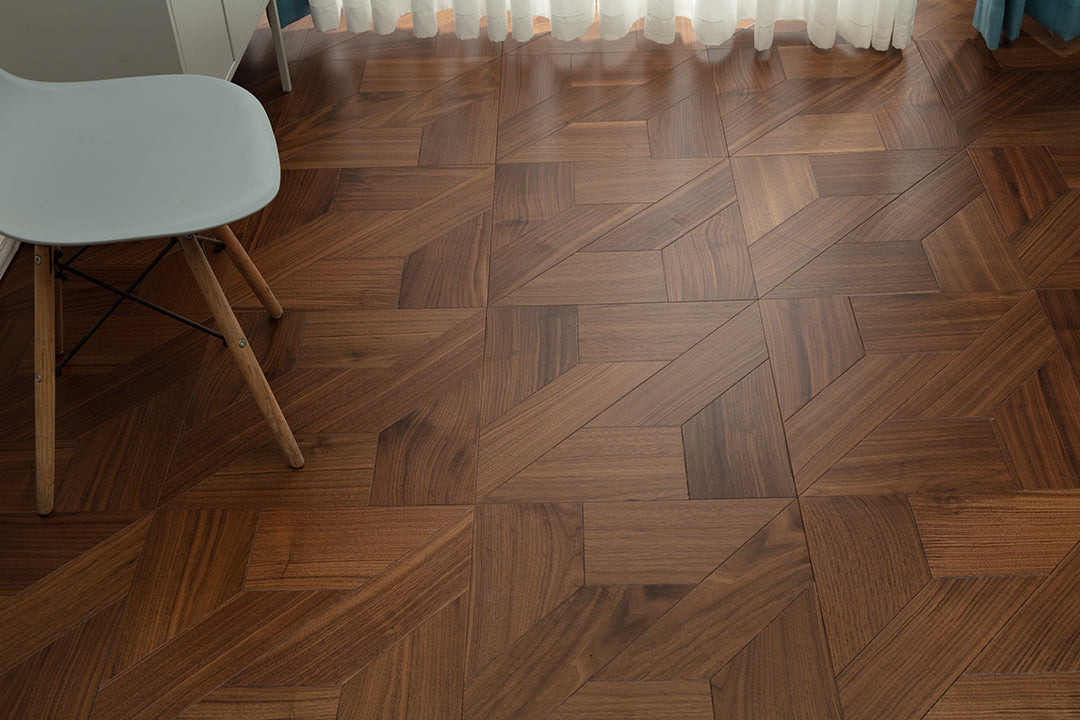 9155 Black Walnut Z‑Offset Geometric Parquet Flooring | Hand‑PU Finish Marquetry Art Parquet Series