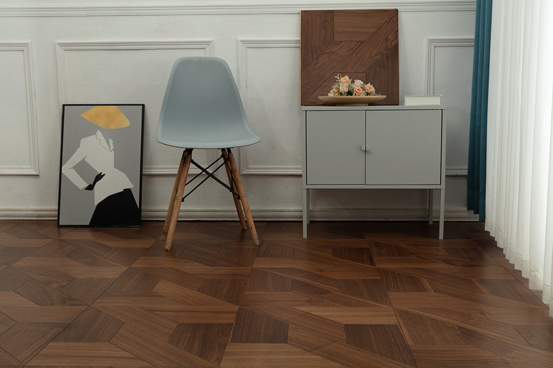 9155 Black Walnut Z‑Offset Geometric Parquet Flooring | Hand‑PU Finish Marquetry Art Parquet Series