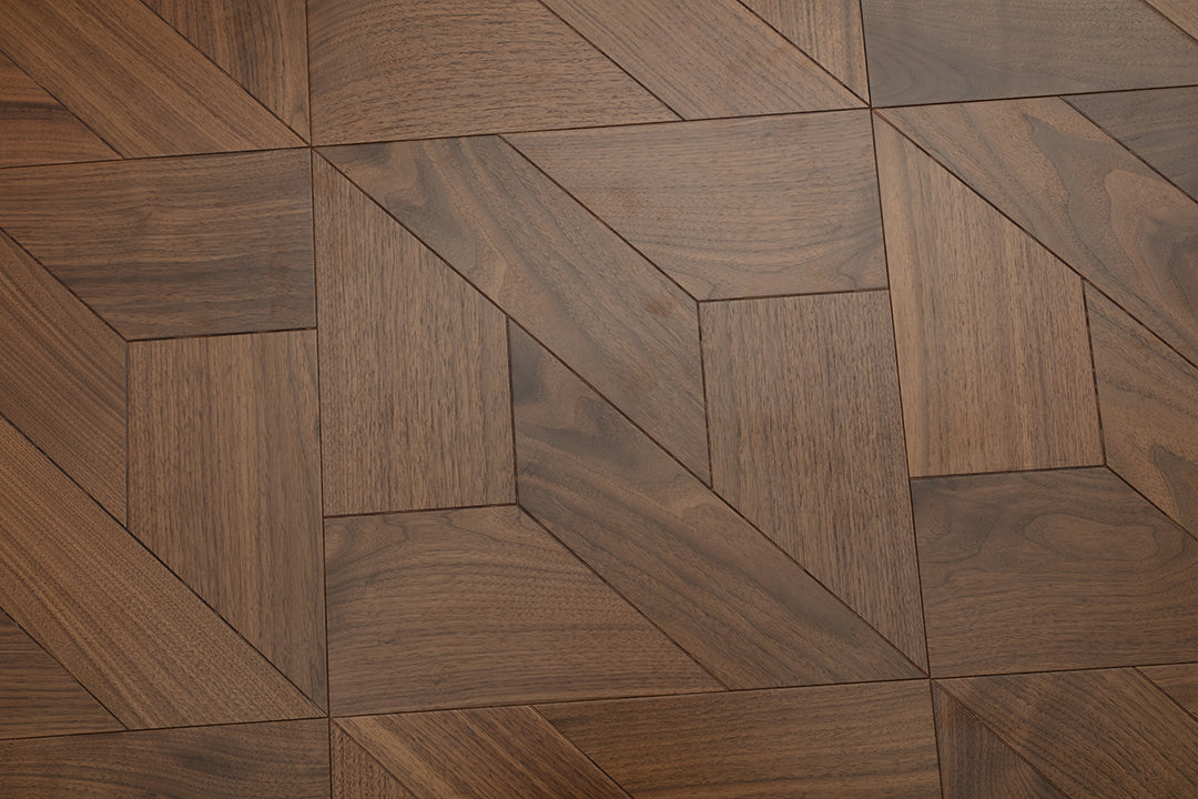 9155 Black Walnut Z‑Offset Geometric Parquet Flooring | Hand‑PU Finish Marquetry Art Parquet Series