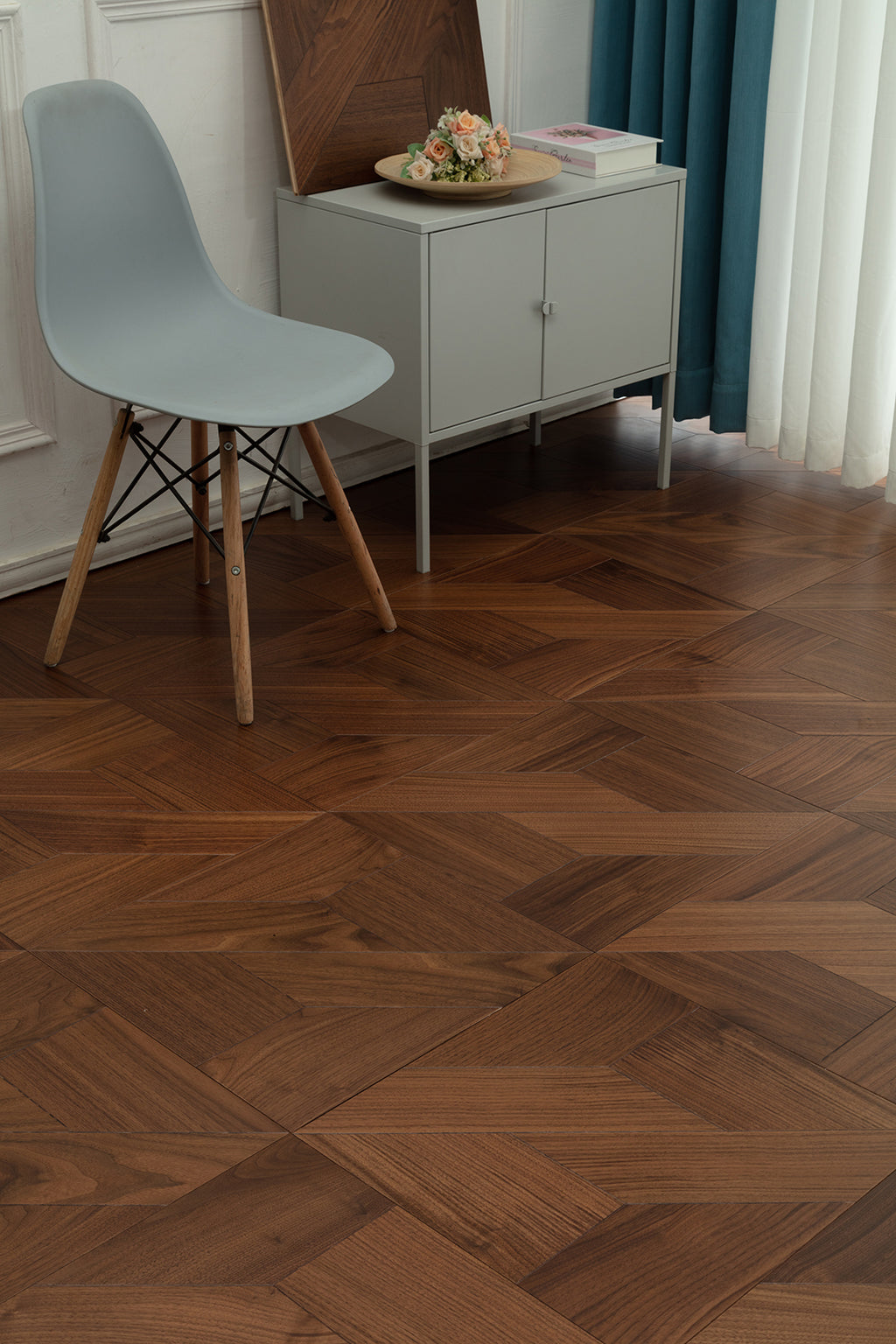 9155 Black Walnut Z‑Offset Geometric Parquet Flooring | Hand‑PU Finish Marquetry Art Parquet Series
