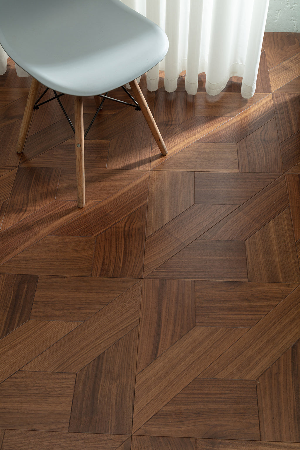9155 Black Walnut Z‑Offset Geometric Parquet Flooring | Hand‑PU Finish Marquetry Art Parquet Series