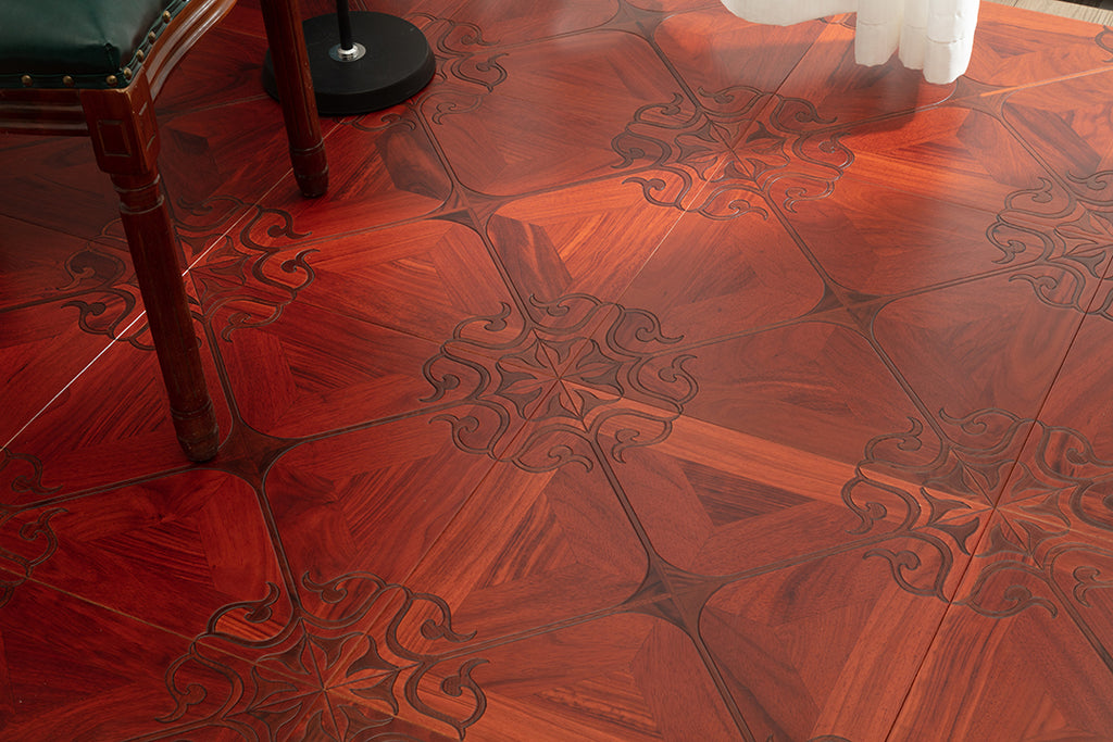 9156 Padauk & Black Walnut Ornate Scroll Floral Marquetry Parquet Flooring | Hand‑PU Finish Marquetry Art Parquet Series