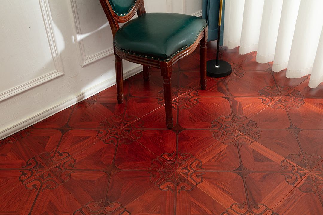 9156 Padauk & Black Walnut Ornate Scroll Floral Marquetry Parquet Flooring | Hand‑PU Finish Marquetry Art Parquet Series