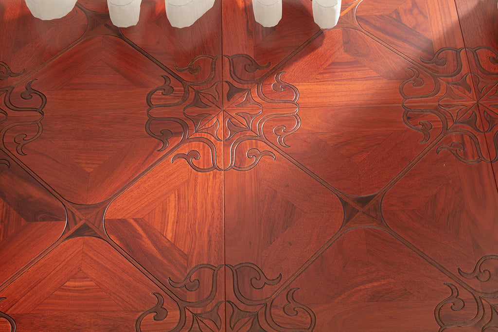 9156 Padauk & Black Walnut Ornate Scroll Floral Marquetry Parquet Flooring | Hand‑PU Finish Marquetry Art Parquet Series