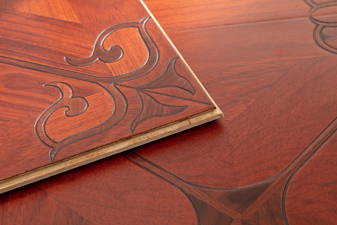 9156 Padauk & Black Walnut Ornate Scroll Floral Marquetry Parquet Flooring | Hand‑PU Finish Marquetry Art Parquet Series