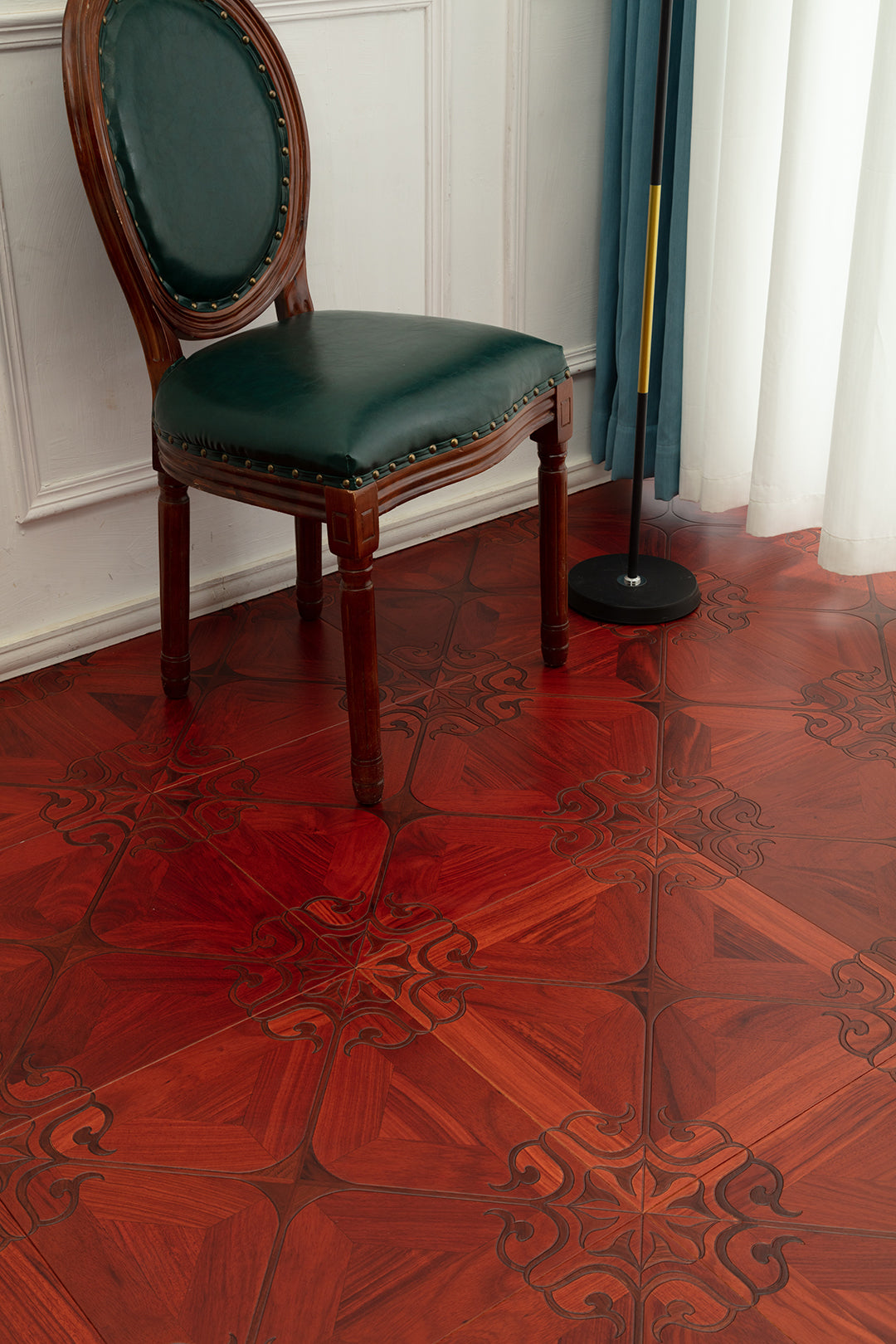 9156 Padauk & Black Walnut Ornate Scroll Floral Marquetry Parquet Flooring | Hand‑PU Finish Marquetry Art Parquet Series