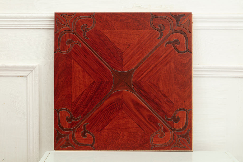9156 Padauk & Black Walnut Ornate Scroll Floral Marquetry Parquet Flooring | Hand‑PU Finish Marquetry Art Parquet Series
