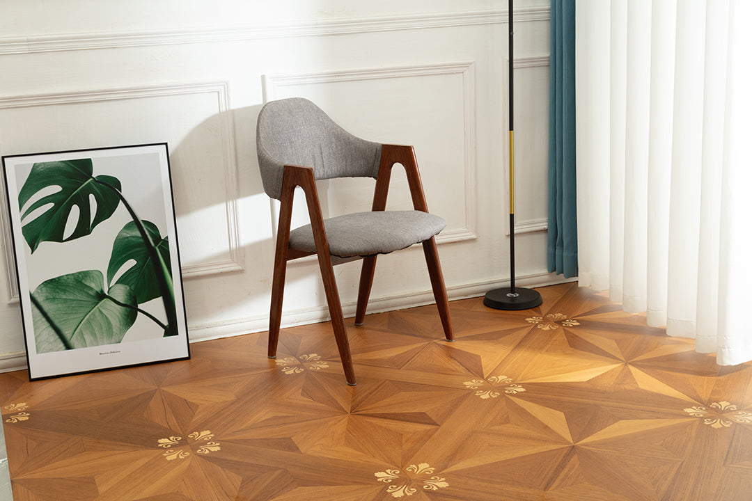 9158 Teak & Birch Star‑Burst Floral Inlay Parquet Flooring | Hand‑PU Finish Marquetry Art Parquet Series