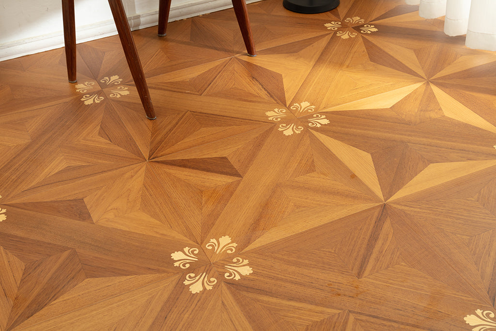 9158 Teak & Birch Star‑Burst Floral Inlay Parquet Flooring | Hand‑PU Finish Marquetry Art Parquet Series