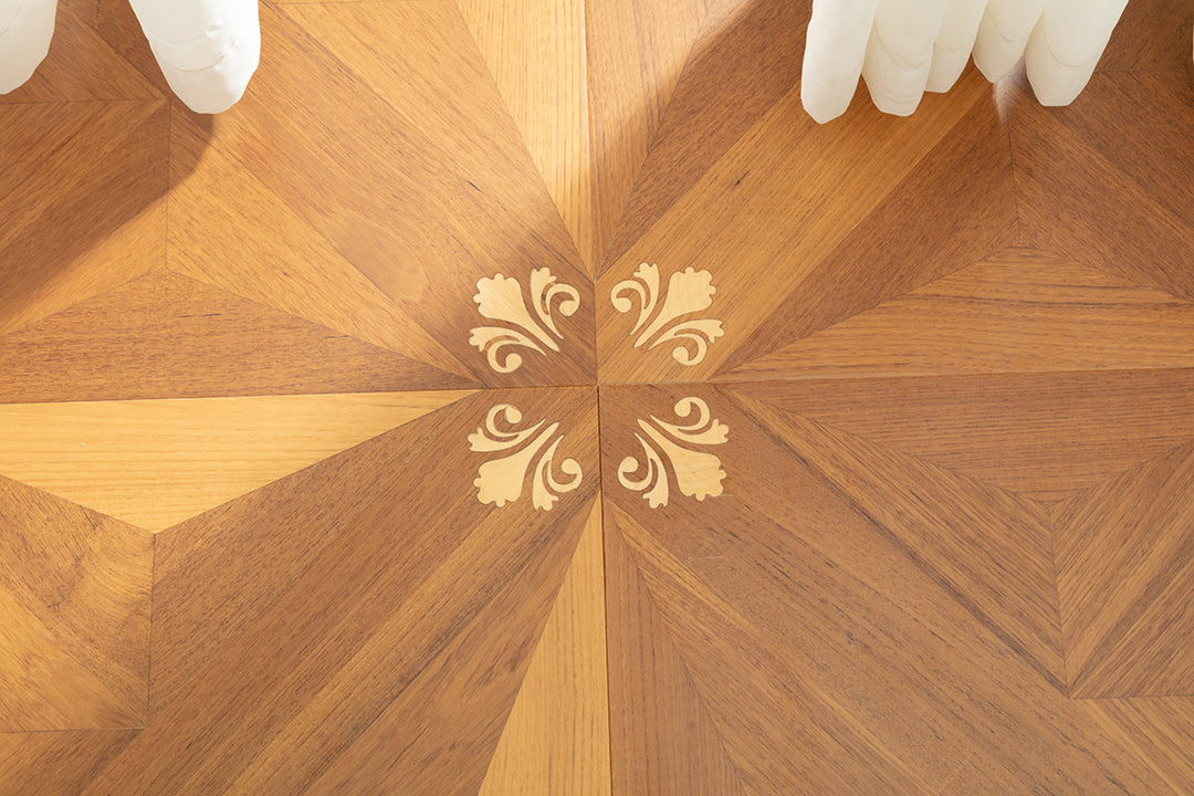 9158 Teak & Birch Star‑Burst Floral Inlay Parquet Flooring | Hand‑PU Finish Marquetry Art Parquet Series