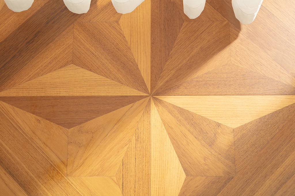 9158 Teak & Birch Star‑Burst Floral Inlay Parquet Flooring | Hand‑PU Finish Marquetry Art Parquet Series
